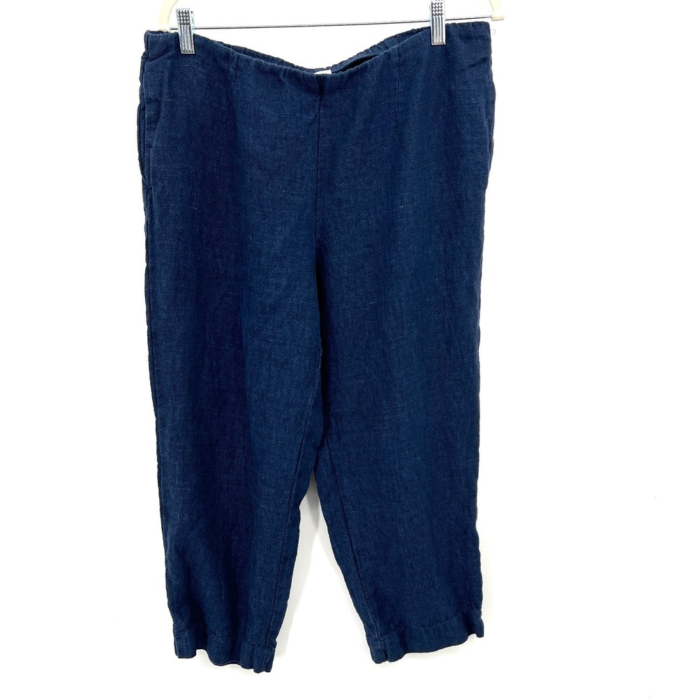 J. JIll pure 100% linen pants lagenlook boho loose fit navy blue coastal grandma